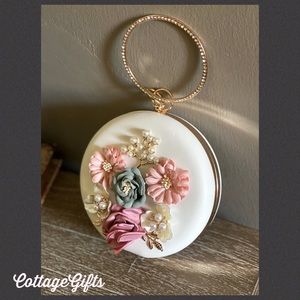 NEW Floral Round Clutch Box Bag Rhinestones Circle Handle